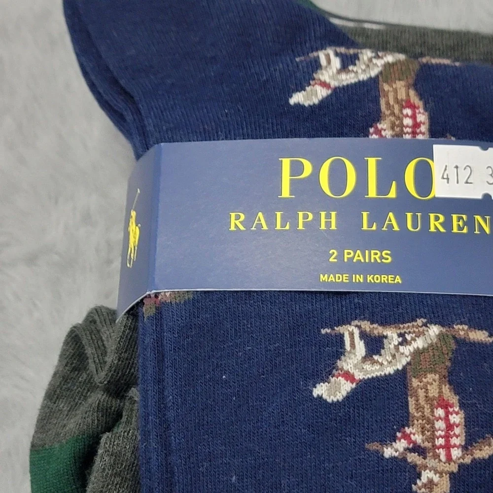 Polo Ralph Lauren Socks Mens 10-13 Navy Hunter Dog Crew 2 Pairs Mid Calf